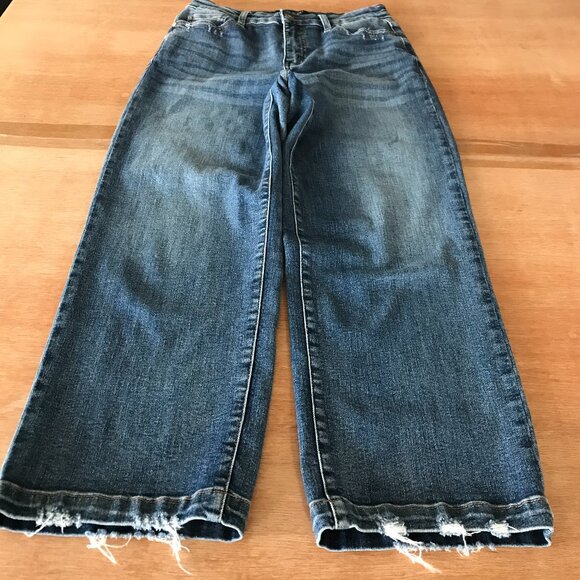 Judy Blue Cropped Wide Leg Jeans Women 5/27 Blue Mid Rise Distressed Hem Stretch - Picture 1 of 12